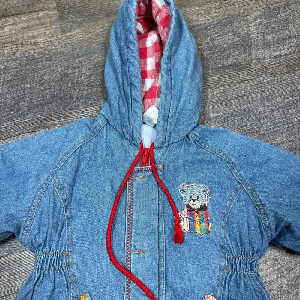 Vintage Baby Club Denim Hooded Snowsuit Blue Teddy‎ Bear Plaid Lined Kids